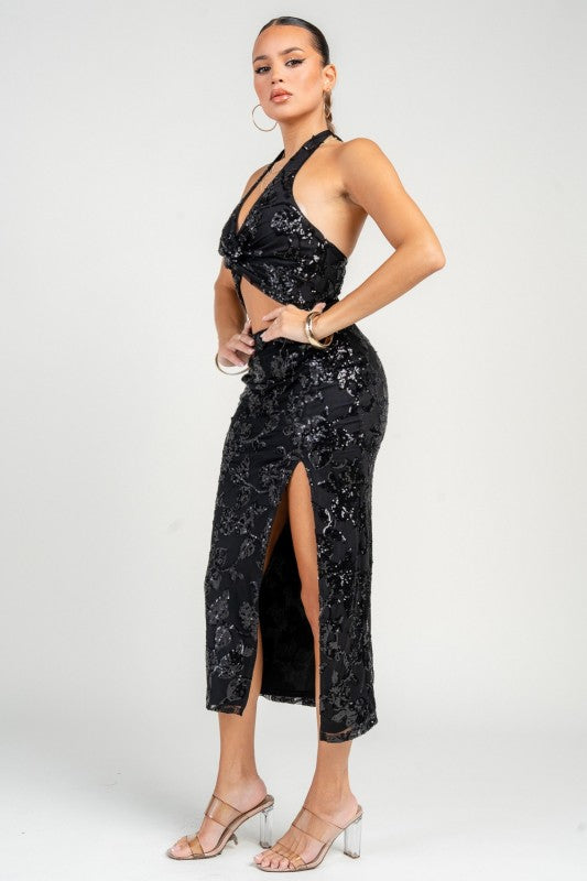 Sequin Halter Neck Tied Midi Dress