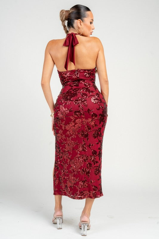 Sequin Halter Neck Tied Midi Dress
