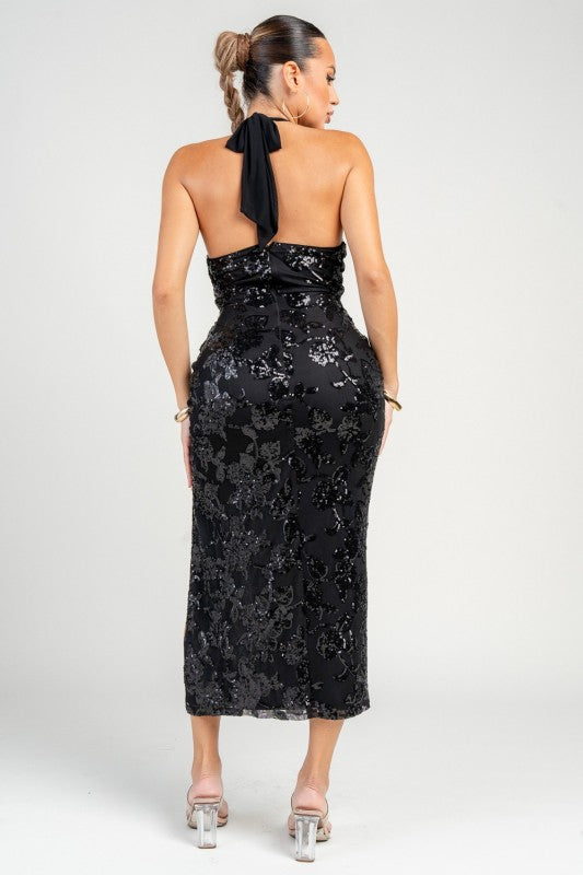 Sequin Halter Neck Tied Midi Dress