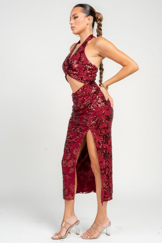 Sequin Halter Neck Tied Midi Dress