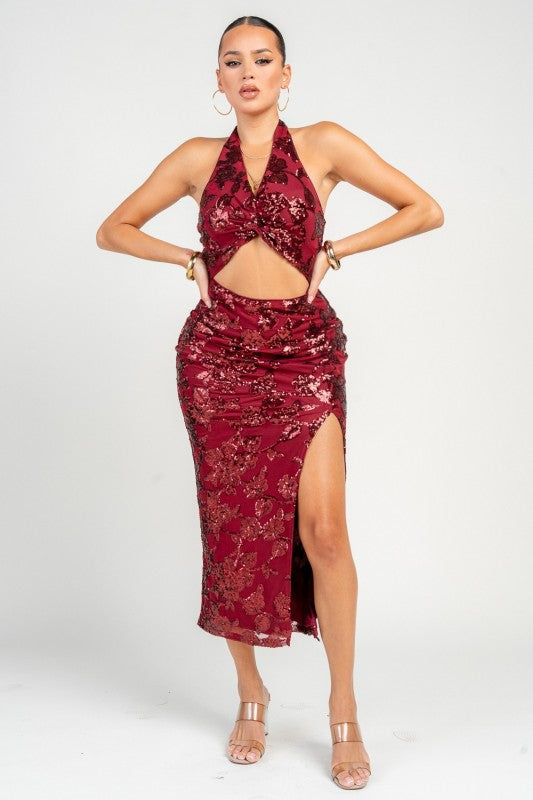 Sequin Halter Neck Tied Midi Dress