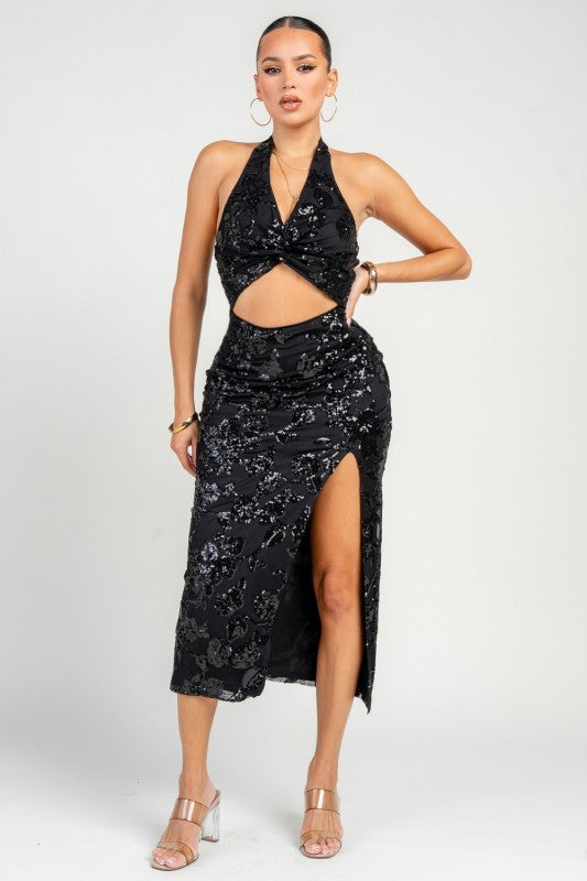 Sequin Halter Neck Tied Midi Dress