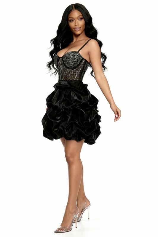 Rhinestone Bubble Gathered Mini Dress